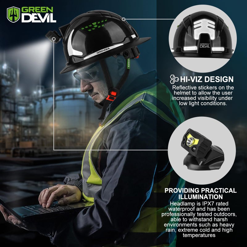 GREEN DEVIL قبعة صلبة ذات حافة كاملة من GREEN DEVIL Matrix مع خوذة أمان للبناء مزودة بفتحات تهوية أمامية ومعتمدة من إدارة السلامة والصحة المهنية (OSHA) Cascos De Construccion Work Hardhat للرجال والنساء - Image 3